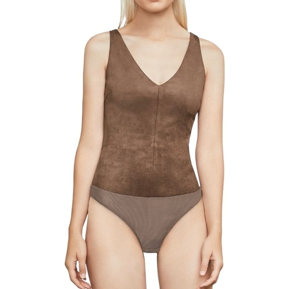 BCBGMAXAZRIA Brown Faux Suede Bodysuit Double Vee-Neck US Sz L - Picture 1 of 10